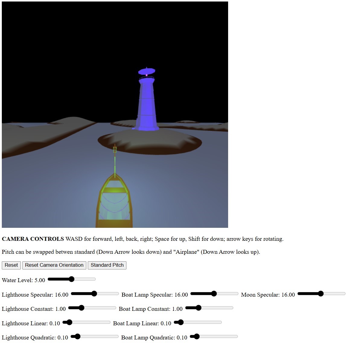 WebGL scene depicting a small boat and lightouse